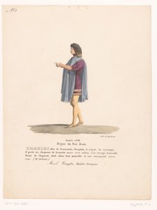 Kostuum van de dauphin Karel van Valois uit de tragedie Marcel Charles, vévoda z Normandie (titul na předmětu) Theaterkostuums (název seriálu) Francouzské divadlo: kolekce kostýmů MM. J. Alaux a L. Duponchel z rukopisných kreseb v Bibliot od Martin Sylvestre Baptiste