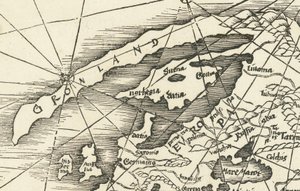 Mapa Severního moře z roku 1513 zobrazující Grónsko spojené se Skandinávií