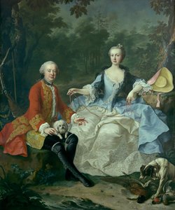 Hrabě Giacomo Durazzo 1717-1794 v masce lovce s manželkou..., pravděpodobně začátek 60. let 18. století.