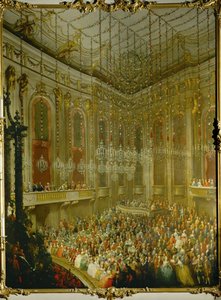 Svatební koncert pro císaře Josefa II. a Isabelu Parmskou;serenáda v Redoutensaal ve vídeňském císařském paláci... (olej na plátně)