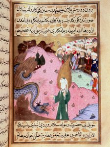 Muhammad, představuje skrytou tvář, krotí miniaturního hada z epické básně „Siyer-i Nebi“ (Siyer i Nebi), která vypráví o životě proroka Mohameda, kterou napsal Mustafa, syn Yusufa d