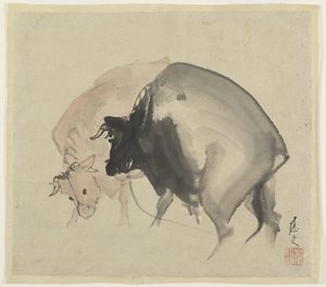 Dva býci, cca 1810 (inkoust a barvy na papíře) od Maruyama Oju