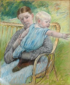 Mathilde drží dítě, které se natahuje doprava, kolem roku 1889 od Mary Cassatt