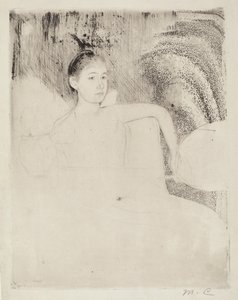 Mimi drží japonský vějíř od Mary Cassatt