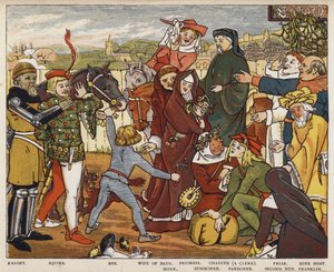 Geoffrey Chaucer, Canterburské příběhy, Poutníci opouštějící Tabard Inn (barevné lito)