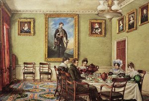 Jídelna v Langton Hall, rodina u snídaně, kolem 1832-3