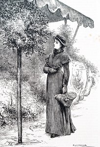 Žena kupuje cesmínu pro vánoční ozdoby. Mary Ellen Edwards (1838-1934), anglická umělkyně
