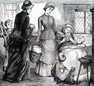 Žena obdarovávající chudého chalupníka. Mary Ellen Edwards (1838-1934), anglická umělkyně od Mary Ellen Edwards