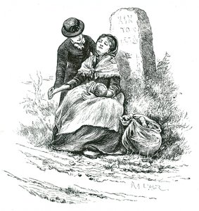 Zuboženou, neprovdanou matku našli vyčerpanou na cestě do Workhouse se svým dítětem. Scéna připomínající román Thomase Hardyho, ale není neobvyklá ve venkovských oblastech po celé zemi. Ilustrace Mary Ellen Edwards c1881. od Mary Ellen Edwards