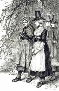Rytina zobrazující velšské dívky na Hollantide Fair, náborovém veletrhu, čekající na zasnoubení jako domácí sluhové. Ilustrovala Mary Ellen Edwards (1838-1934), anglická umělkyně a ilustrátorka dětských knih. od Mary Ellen Edwards