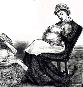 Rytina znázorňující matku houpající své dítě. Ilustrovaná Mary Ellen Edwards (1838-1934), anglická umělkyně a plodná ilustrátorka dětských knih od Mary Ellen Edwards