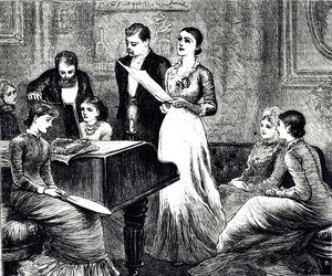 Rytina zobrazující hudební večer. Ilustrovala Mary Ellen Edwards (1838-1934), anglická umělkyně a ilustrátorka dětských knih.