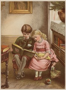Chlapec a dívka čtou knihu (chromolitho) od Mary Ellen Edwards