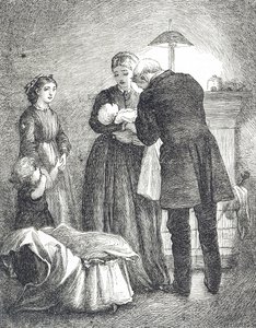 Rytina zobrazující lékaře, který vyšetřuje dítě se spalničkami od Mary Ellen Edwards