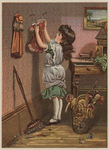 Dívka věší oblečení pro panenky (chromolitho) od Mary Ellen Edwards