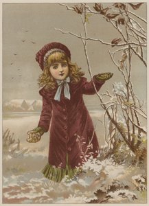 Dívka si bere chleba, aby krmila ptáky ve sněhu (chromolitho) od Mary Ellen Edwards