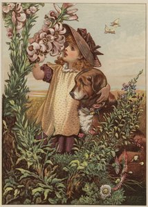 Dívka se psem vonící květiny (chromolitho)