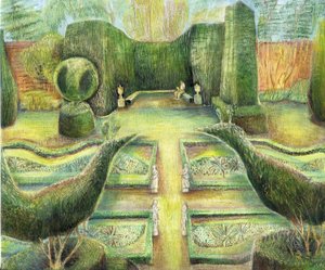 The Long Garden, Cliveden, ptáci, 2002 (olej na palubě) od Mary Kuper