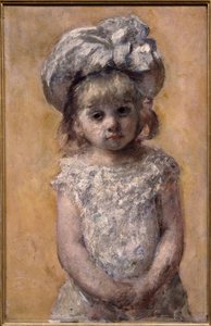 Portrét dívky nebo krajkové šaty. Portrét malé holčičky v bílých šatech vypadá smutně. Obraz Američanky Mary Cassattové (1844-1926)