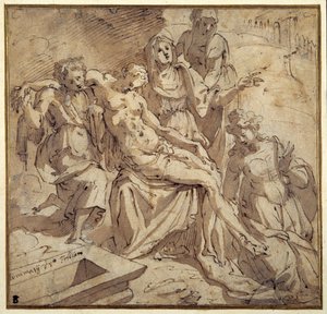Pieta (pero a hnědý inkoust s hnědým praním na bílém papíře)
