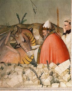 Epizody silvestrovského života: Papež Svatý Silvestr I. (Silvester nebo Silvestro) (314-335) zavírá drakovi tlamu. Detail. Freska od Maso di Banco (známá kolem 1341-1346) Florencie 14. století, Chiesa di Santa Croce, Cappella Bardi