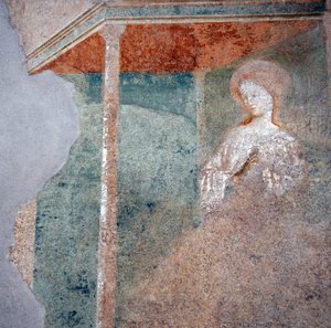 Freska od Masolina da Panicale v baptisteriu v Castiglione, detail Zvěstování (2)