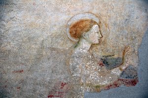 Freska od Masolina da Panicale v baptisteriu v Castiglione, detail Zvěstování Panně Marii