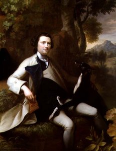 Francis Popham († 1780) sedící v zalesněné krajině se svým Greyhoundem (olej na plátně) od Mason Chamberlain