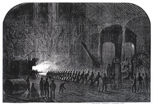 Proces válcování pancéřových plátů pro lodě Jejího Veličenstva v Alas Steelworks, Sheffield, ilustrace z „The Illustrated London News“, 14. září 1861