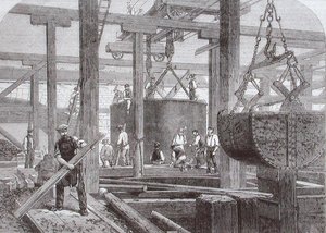Pohled na stavební práce probíhající na Blackfriars Bridge pro London, Chatham a Dover Railway ukazující potopení válce pro jedno z kruhových kamenných mol