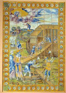 Stavba Noeovy archy Levý panel triptychu představující 3 epizody potopy. Keramika Masseot Abaquesne (známá kolem roku 1526-před 1564)