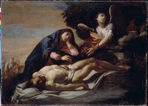 Pláč nad tělem Kristovým. Obraz Massima Stanzione (kolem 1585-kolem 1658), olej na plátně, polovina 17. století, italské umění, barokní umění. Muzeum historie a umění, Žytomyr (Ukrajina)