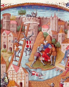 Dobytí opevněného města Detail. Miniatura převzatá z „Případy nešťastných urozených mužů a žen“ (De casibus) od Giovanniho Boccaccia řekl Jean Boccace (1313-1375), italský spisovatel, přeložil Laurent de Premierfait a osvětloval stožár