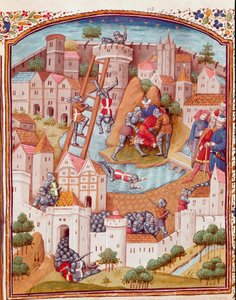 Conquete z opevněného města Miniatura převzatá z „Případů neštěstí urozených mužů a žen““ (De casibus) od Giovanniho Boccaccia řekl Jean Boccace (1313-1375), italský spisovatel, přeložil Laurent de Premierfait a osvětlil mistr z Dunois (15