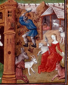 Znázornění Adama sbírajícího zemi a Evy, která spřádá vlnu poté, co byla lovena z pozemského ráje. Miniatura převzatá z „Des cas des nobles hommes et femmes infotunes““ (De casibus) od Giovanniho Boccaccia dit Jean Boccace (1313-1375), Itali