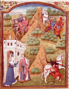 Seleucus (Seleucus) I. Nikator a jeho otec Antiochos (Antiochus), král Asie a Sýrie. Miniatura převzatá z „Případů urozených mužů a nešťastných žen“ (De casibus) od Giovanniho Boccaccia řekl Jean Bo
