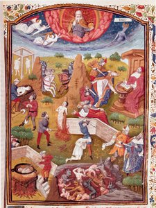 Boccaceho vize: scéna mučení, oběšení, masakr Miniatura převzatá z knihy "Případy neštěstí urozených mužů a žen" (De casibus) od Giovanniho Boccaccia dit Jeana Boccaceho (1313-1375), italského spisovatele, přeložil Laurent de Premierfait a enlumine t