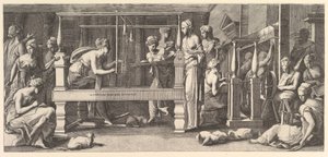 Ženy předení, tkaní a šití, 1540-50.