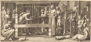 Penelope a její služebné tkaní od Master FG, after Francesco Primaticcio