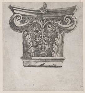 Římské zrcadlo velkoleposti: Kapitál s hrachovými volutami a hlavou satyra, ca. 1537, ca. 1537