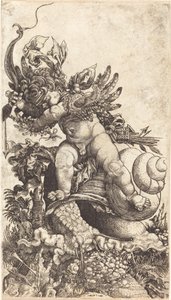 Cupid na koni hlemýžď přes houbovou vegetaci od Master H.L.