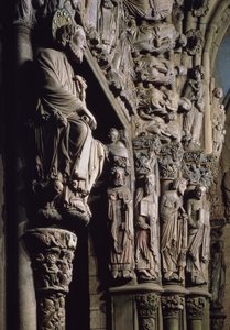 Detail Portico de la Gloria zobrazující svatého Jakuba, kámen z 12. století