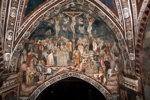 Freska ukřižování Mistra Sacro Speco. 14. století. Vyšší církev. Klášter Saint Benedetto (Sacro Speco), Subiaco (Řím), Itálie