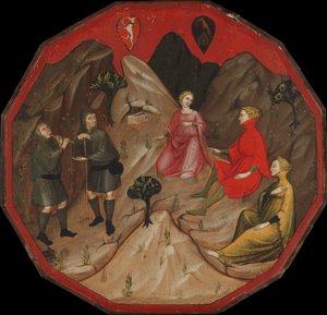 Soutěž mezi pastýři Alcestem a Akatenem od Master of 1416