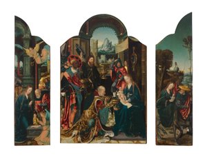 Triptych: ústřední panel: Klanění mudrců; levé křídlo: Narození Páně; pravé křídlo: Útěk do Egypta