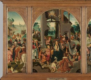 Triptych s Klaněním tří králů (uprostřed a vnitřní křídla), opatem svatého Antona (vlevo, vnější křídlo) a svatým Adrianem (vpravo, vnější křídlo) od Master of Alkmaar (attributed to)