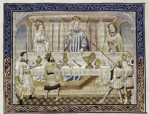 Caesar Augustus, jeho žena a syn u stolu Od: Jean Hayton, Květ příběhů ze země Orientu, kolem roku 1410 od Master of Berry Apocalypse