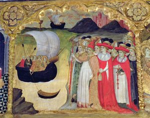 Papež Ciriaco a jeho dvůr přijímající světici a její služebné z „Predela de Santa Ursula“ (tempera na panelu) od Master of Castellitx