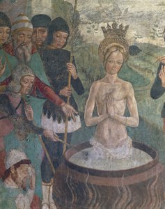 Itálie, region Piemont, provincie Alessandria, Serralunga di Crea, Sacro Monte di Crea, svatyně Santa Maria Assunta, kaple svaté Markéty Antiochijské, utrpení svaté Markéty Antiochijské, detail