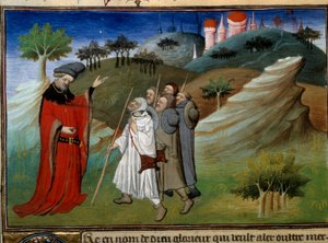 Des Pelerins Sur La Route de la Terre Sainte Miniature in „„ Voyages ““ napsané Johnem (Jehan de Mandeville) (1300? - 1372), zapsaný pánem Egertonu, asi 1410-1412, z sbírky rukopisu (MS 2810 , Folio 142v.) ““ Kniha zázraků a